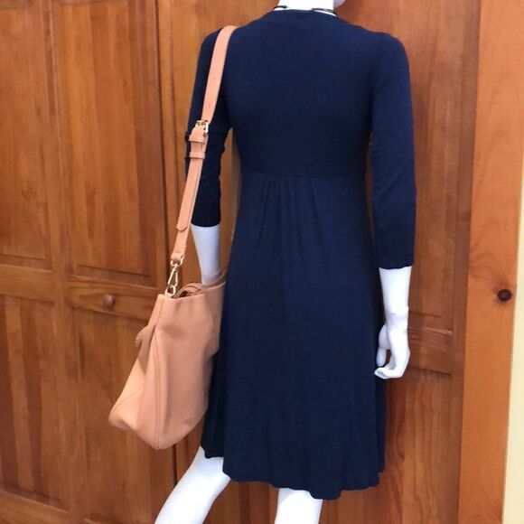 Velvet 3/4 Length sleeve V Neck Blue Dress - Picture 2 of 5